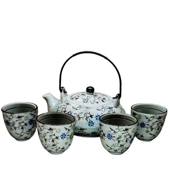 VTG Pier One Tomoko Tea Set w/ Metal Carrier Porcelain Floral Pattern Blue Green - Picture 3 of 5